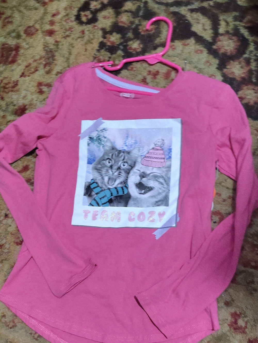 Nwt Girls' Pink 'Team Cozy' Cat Graphic Long-Sleeve Top7/8 $20